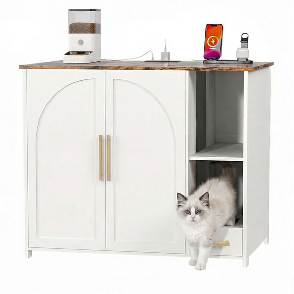 LUMAMIN Hidden Cat Litter Box Enclosure, Large Dog-Proof Litter Box Cabinet with Power Strip, Litter Box Furniture for Self-Cleaning Litter Boxes, White