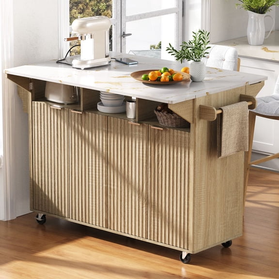 LUMAMIN Kitchen Island with Storage, Fluted Rolling Kitchen Island on Wheels with 2 Drop Leaves, Power Outlet, Spice, Towel Rack, 4 Doors, 55.5 x 32.8 x 35.8 inches, Natural