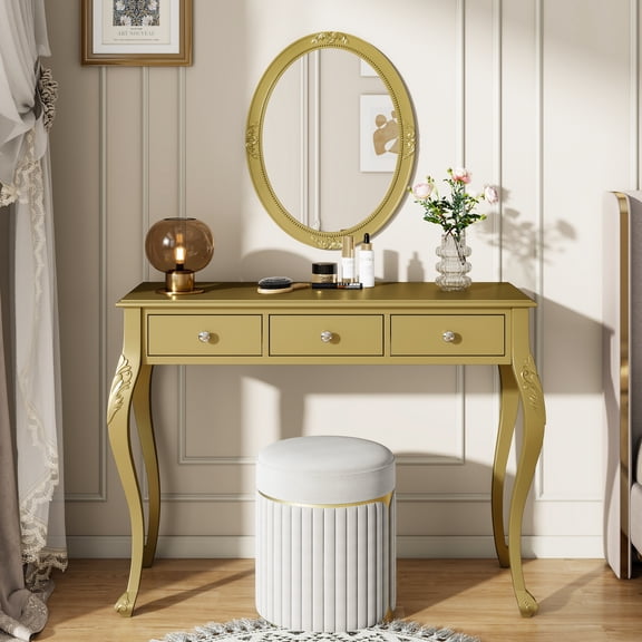 LUMAMIN Luxury Makeup Vanity Desk, Modern Vanity Table with Oval Mirror and 3 Drawers, Dressing Table for Jewelry Storage for Bedroom, Living Room or Entryway, Gold