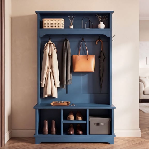 LUMAMIN Modern Hall Tree with Shoe Bench and Coat Rack, 3-in-1 Coat Rack with 5 Hooks and 5 Open Shelves for Entryway, Bedroom or Mudroom Storage, Blue