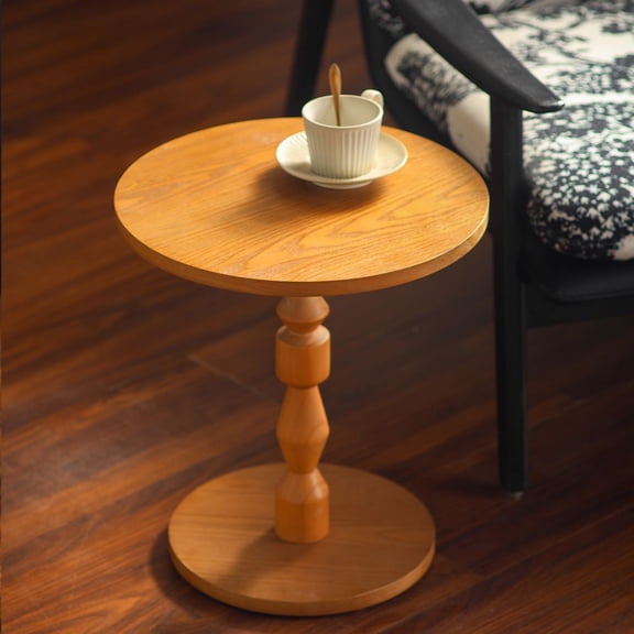 LUMAMIN Modern Round End Table, Side Table with MDF Tabletop and Solid Wood Spindle Leg, Light Oak Living Room Accent Table for Sofa or Armchair