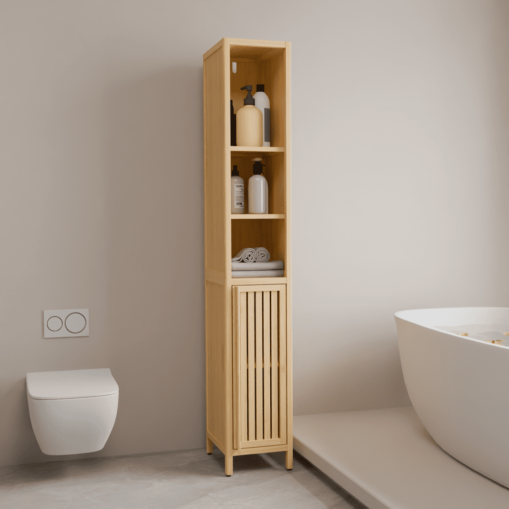 LUMAMIN Narrow Bathroom Storage Cabinet, Thin 65" Tall Bamboo Cabinets Corner Pantry with 4 Shelves & Open Compartment for Bedroom, Small Spaces, 10.6x13x64.6 inches