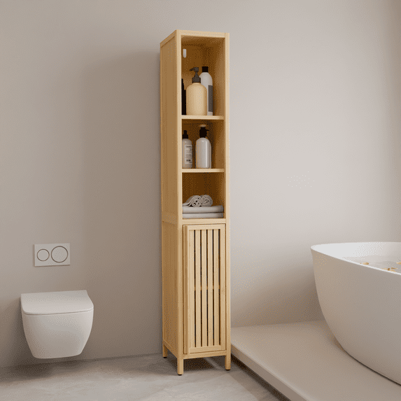 LUMAMIN Narrow Bathroom Storage Cabinet, Thin 65" Tall Bamboo Cabinets Corner Pantry with 4 Shelves & Open Compartment for Bedroom, Small Spaces, 10.6x13x64.6 inches