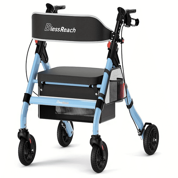 LUMAMIN Rollator Walker, Foldable Aluminum Rolling Walker with Seat and Backrest, 450 lb Capacity, 8" All-Terrain Wheels, 6-Position Adjustable Height, Blue