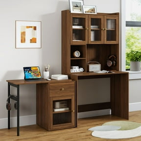 LUMAMIN Rotating Computer Desk, L Shaped Desk Writing Table Home Office Workstation with 90 Extendable Desktop, Glass-Door Cabinets, Bookshelf & Hutch, White