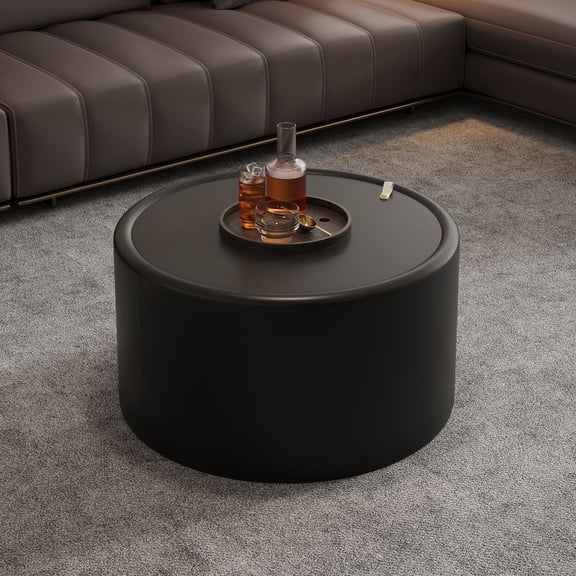 LUMAMIN Round Coffee Table, Modern Tea Table with Tempered Glass Top and PU Leather Body, Accent Table with Hidden Storage for Living Room, No Assembly Required, Black