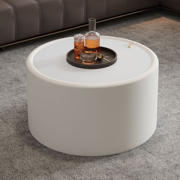 LUMAMIN Round Coffee Table, Modern Tea Table with Tempered Glass Top and PU Leather Body, Accent Table with Hidden Storage for Living Room, No Assembly Required, White