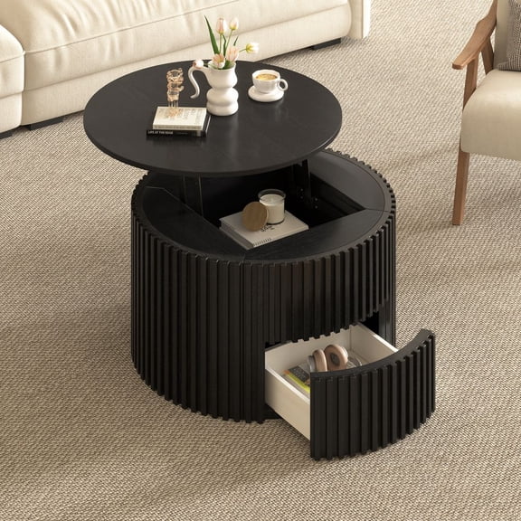 LUMAMIN Round Lift Top Coffee Table, Tea Table with Fluted Wood Base and Hidden Storage, Modern Accent Table for Living Room with Lift-Up Mechanism, Black