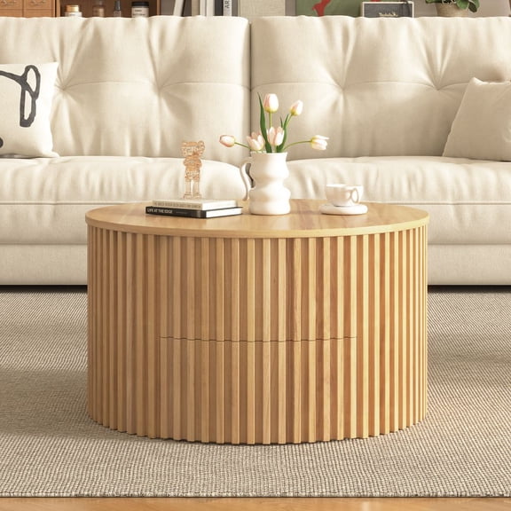 LUMAMIN Round Lift Top Coffee Table, Tea Table with Fluted Wood Base and Hidden Storage, Modern Accent Table for Living Room with Lift-Up Mechanism, Light Brown