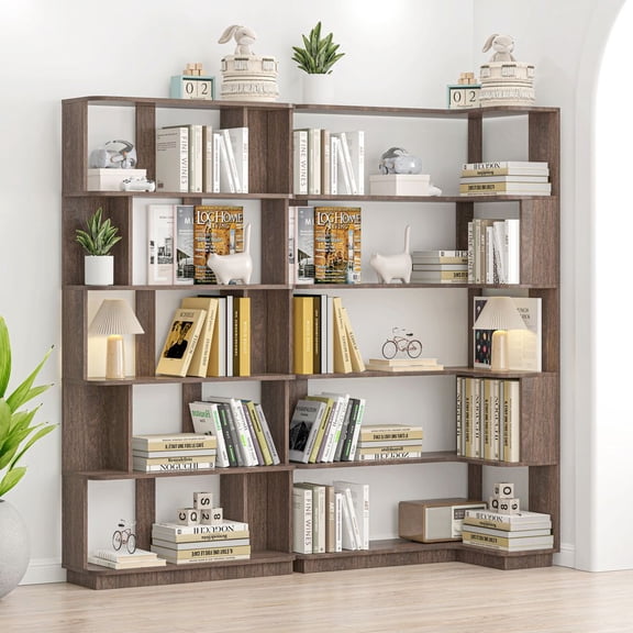 LUMAMIN Set of 2 Space Saving Corner Bookshelf and Extendable Bookcase, 90 cm and 80 cm Display Shelf in Light Dark Brown, Freely Combinable Storage for Living Room or Office