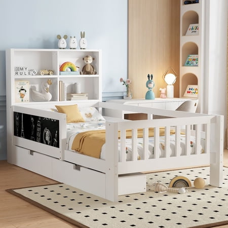 LUMAMIN Twin Bed Frame, Solid Wood Twin Size Low Profile Platform Bed Frame with Chalkboard, Headboard, 2 Drawers and 2-Tier Storage Shelves, No Box Spring Needed, White