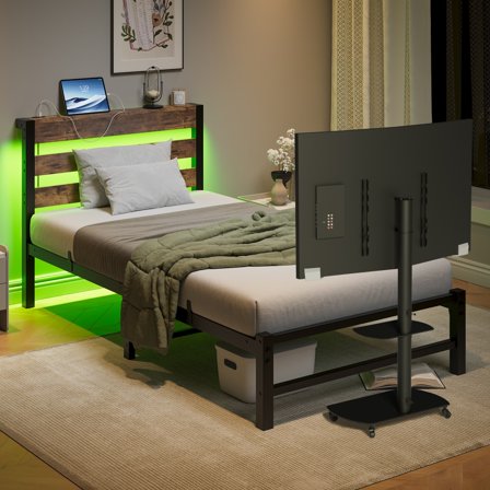 LUMAMIN Twin Size Gaming Bed, Metal Mesh Bed Frame Set with Mobile TV Stand and LED Light, Height Adjustable & Swivel Mount for 32-65 Inch TVs