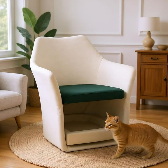 LUMAMIN Velvet Armchair with Cat House, Mid Century Modern Upholstered Single Sofa Lounge Chair with Cat Bed & Removable Base, White,Dark Green