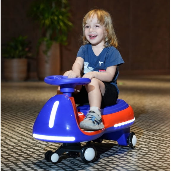 LUMAMIN Wiggle Car, 12V Ride on Toy with Dual Drive Motors, One-Key Start, Bluetooth Parental Control, LED Lights, Light-Up PU Wheels, Smooth Start & Sliding, Blue Red