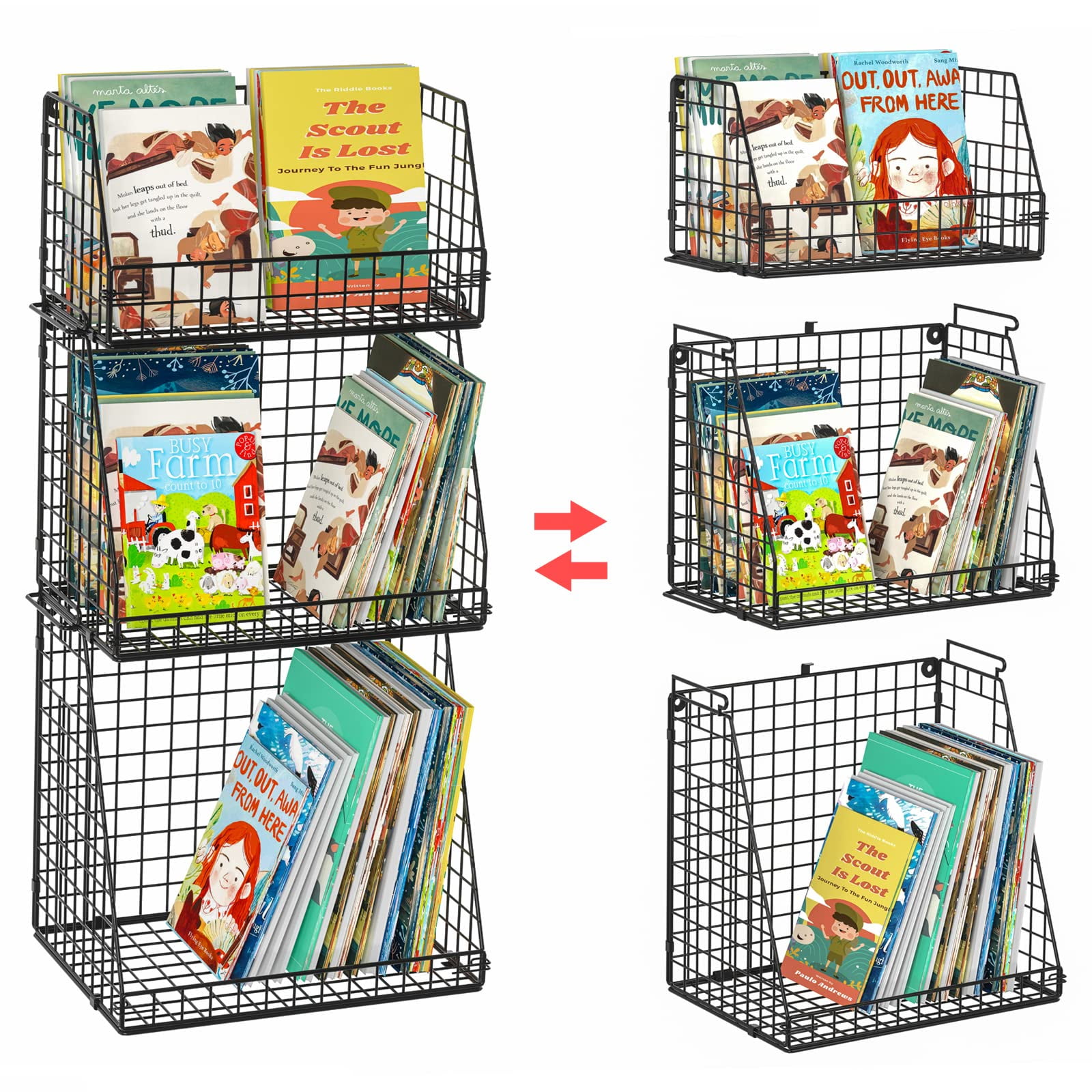 LUMAMU Metal Kids Bookshelf, 3 Tier Stackable Book Basket with DIY