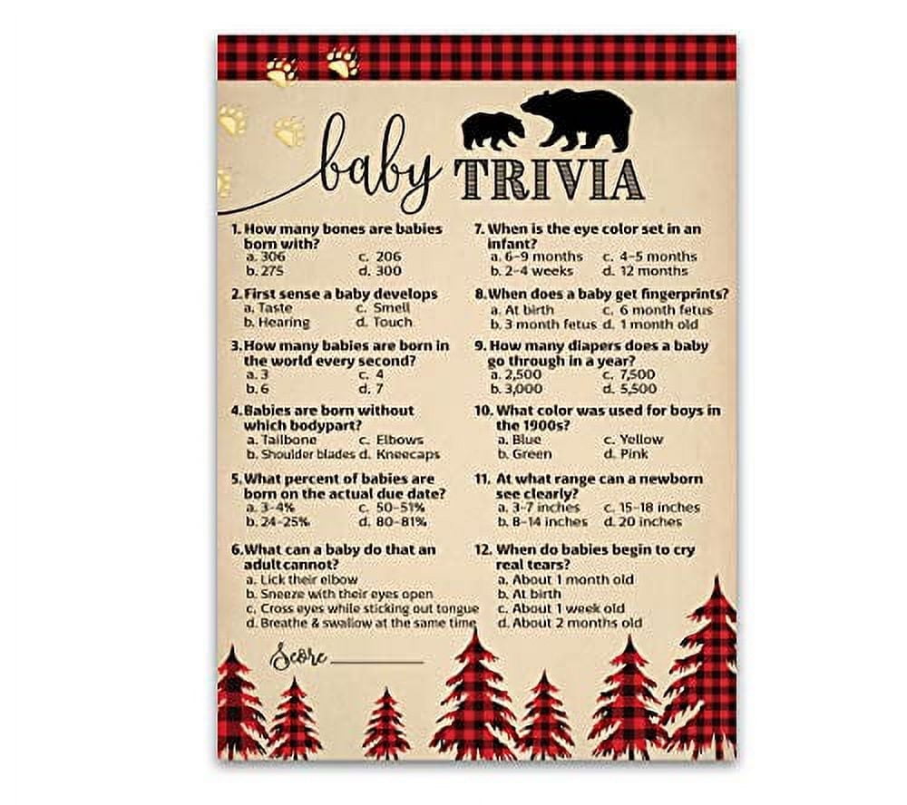 INSCAPE CREATIONS LUMBERJACK Baby Shower Game - BABY TRIVIA Game - Pack of 25, Country Buffalo Plaid Rustic BOY Baby Shower Games, Lumber Jack Bear Red Plaid, Fun Baby Facts Game Gender Neutral Shower Ac