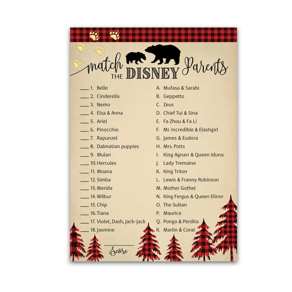 LUMBERJACK Baby Shower Game CARTOON PARENT MATCH Game Pack of 25 Rustic Red Buffalo Plaid, Match Famous Cartoon Parents Fun Shower Activity, Lumber Jack Bear Star Kids Match Game G805-DPM