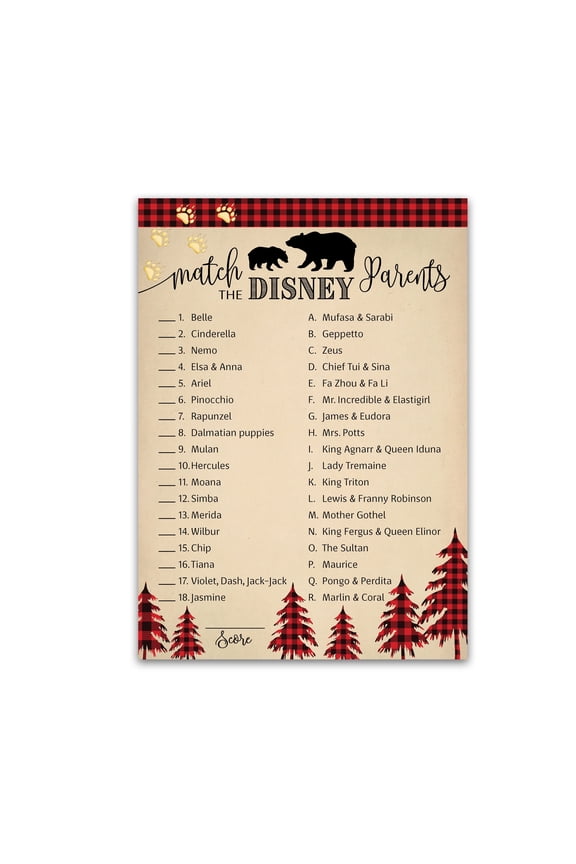 LUMBERJACK Baby Shower Game CARTOON PARENT MATCH Game Pack of 25 Rustic Red Buffalo Plaid, Match Famous Cartoon Parents Fun Shower Activity, Lumber Jack Bear Star Kids Match Game G805-DPM