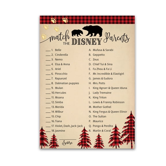 LUMBERJACK Baby Shower Game  CARTOON PARENT MATCH Game  Pack of 25  Rustic Red Buffalo Plaid, Match Famous Cartoon Parents Fun Shower Activity, Lumber Jack Bear Star Kids Match Game G805-DPM