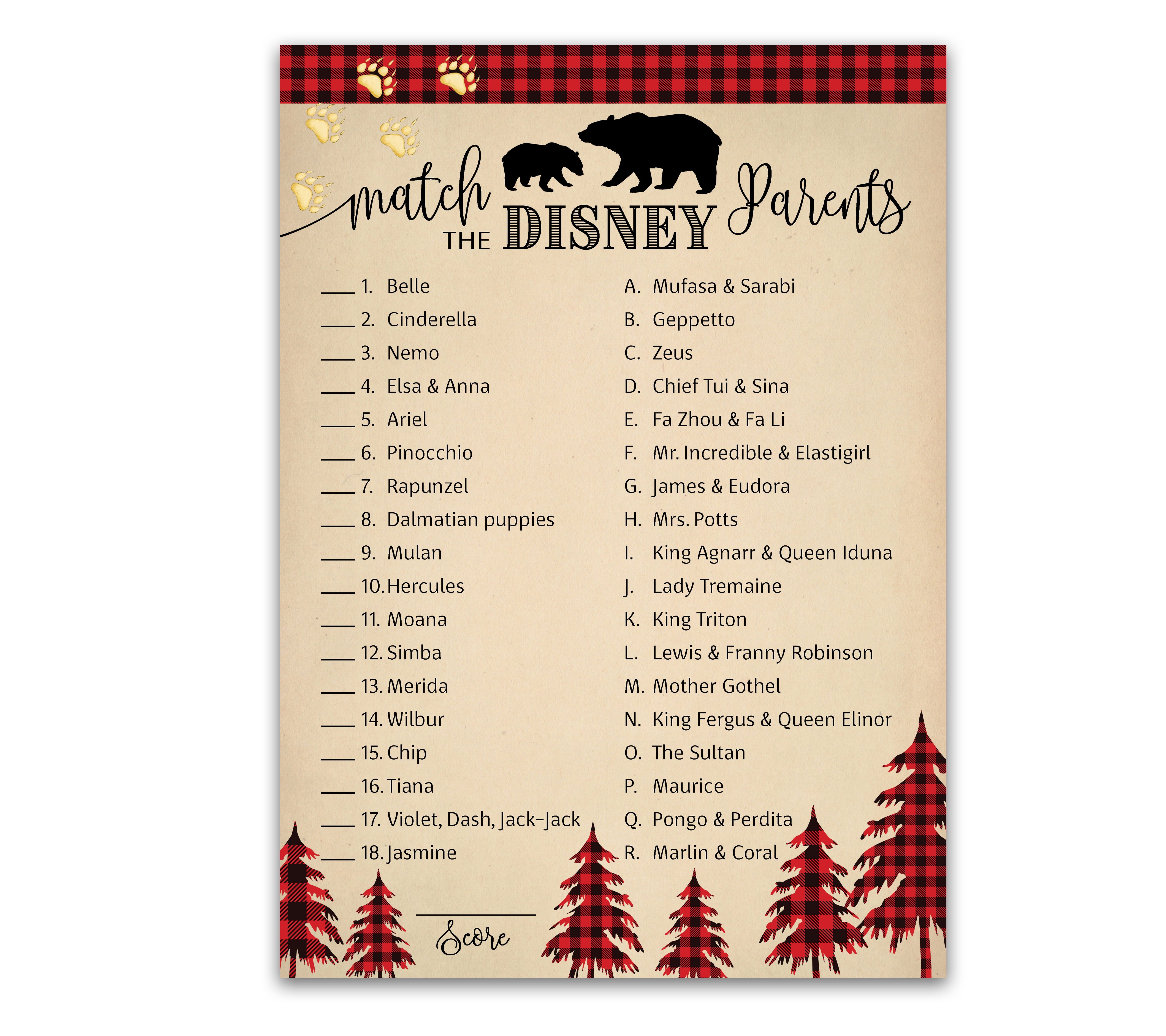LUMBERJACK Baby Shower Game DISNEY PARENT MATCH Game Pack of 25 Rustic Red Buffalo Plaid, Match Famous Disney Parents Fun Shower Activity, Lumber Jack Bear Disney Star Kids Match Game G805-DPM
