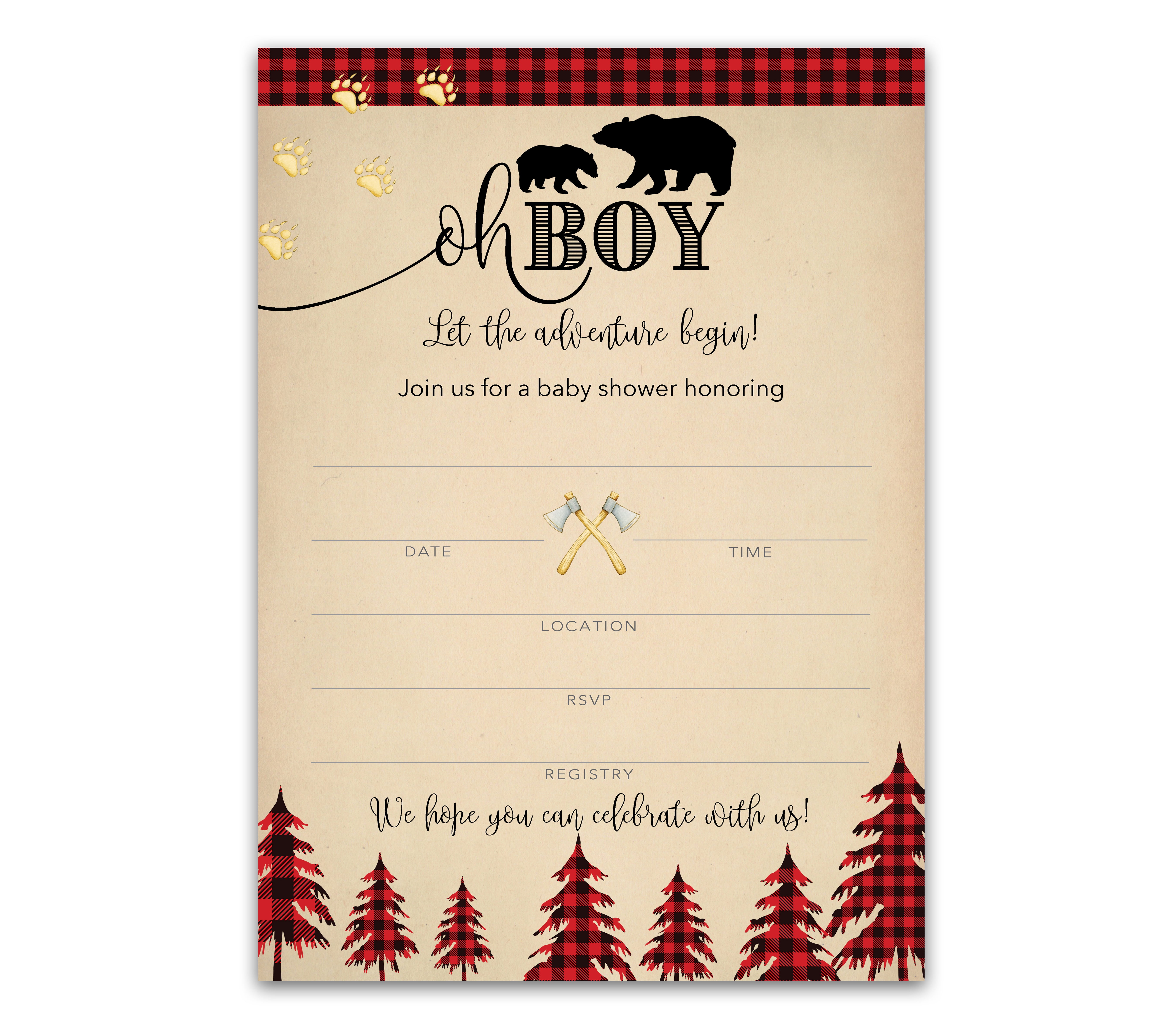 LUMBERJACK Baby Shower INVITATIONS Pack of 25 Country Buffalo Plaid Rustic BOY Baby Shower, Lumber Jack Bear Red Plaid, Blank Fill-in INVITES, Couples Shower Co-ed Shower Invitation I805-INV1