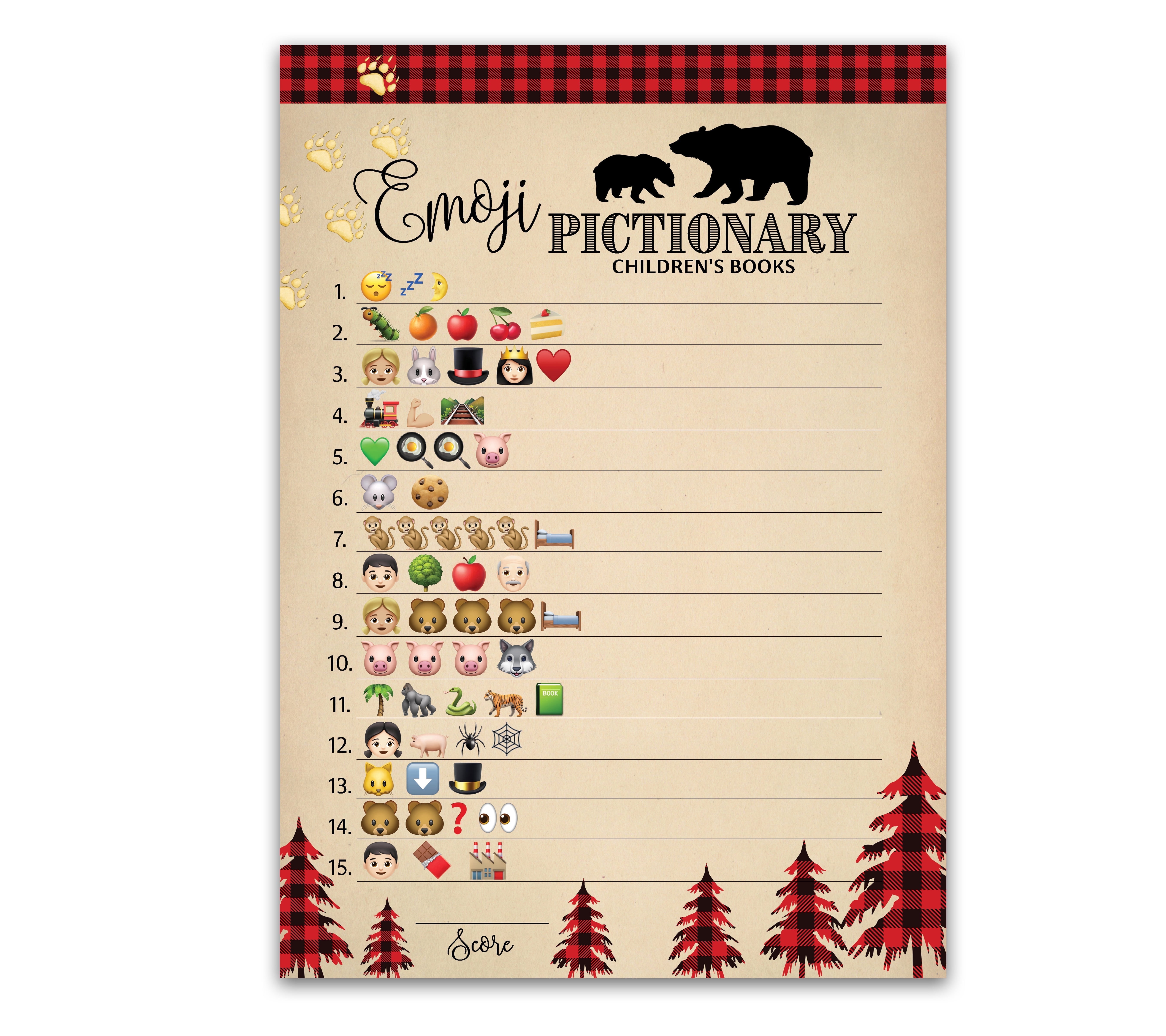 LUMBERJACK Emoticons Baby Shower Game Pack of 25 Rustic Buffalo Plaid Pictionary Children's Book BOY Baby Shower Games Lumber Jack Bear emoticons Games Country Gender Neutral Red Plaid G805-EMJ