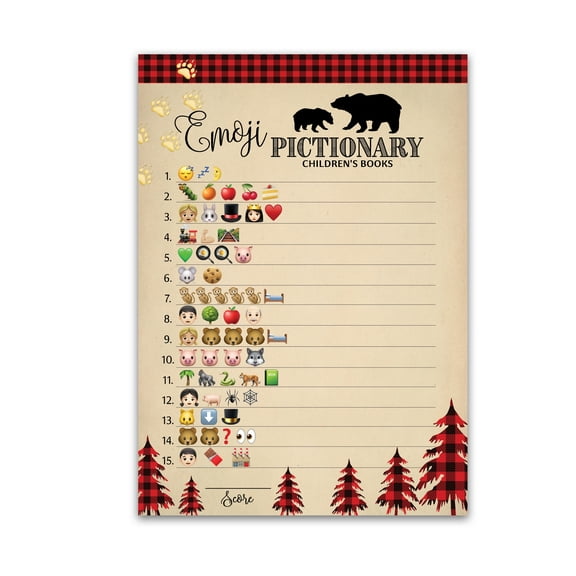 LUMBERJACK Emoticons Baby Shower Game  Pack of 25  Rustic Buffalo Plaid Pictionary Children's Book BOY Baby Shower Games Lumber Jack Bear emoticons Games Country Gender Neutral Red Plaid G805-EMJ