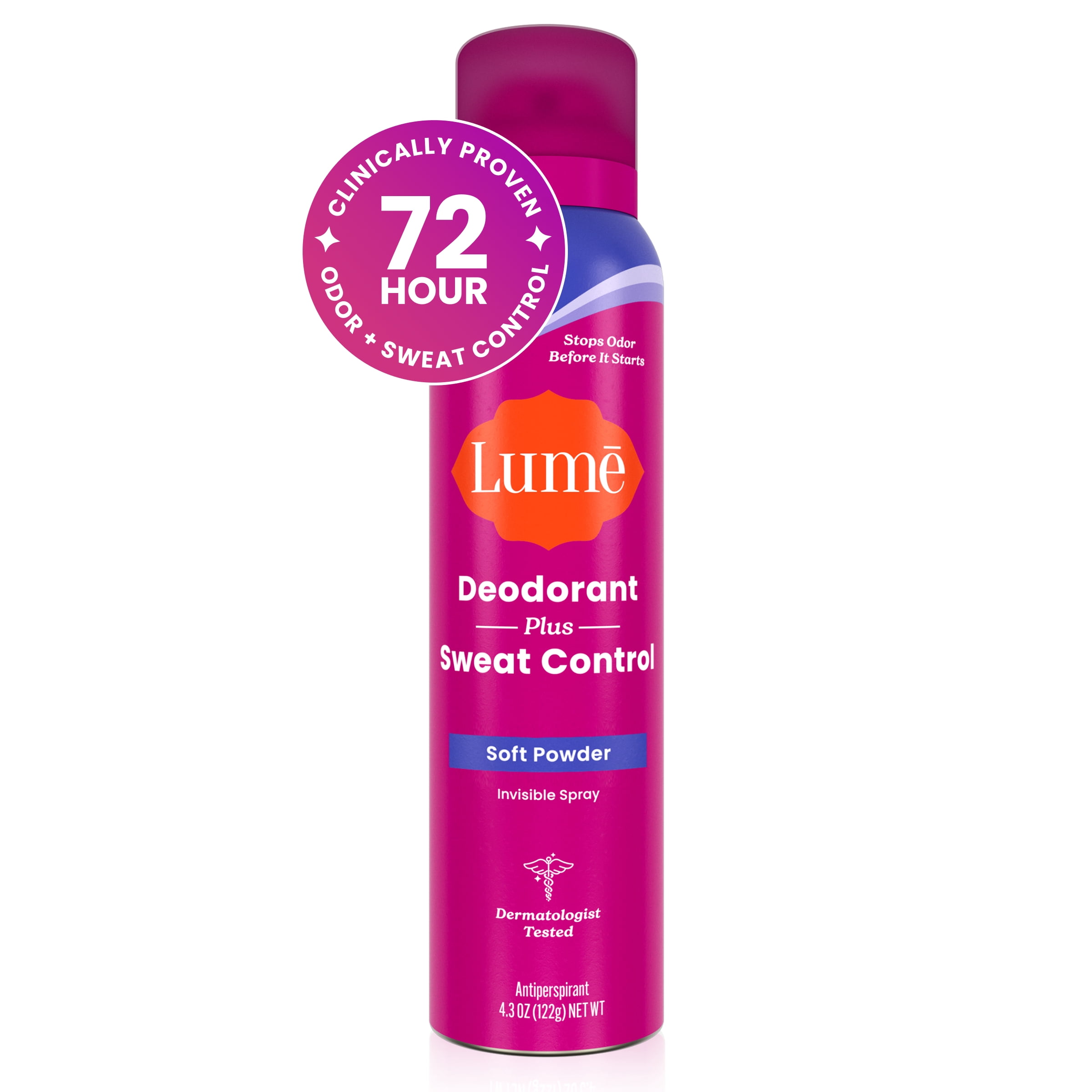 Lume Deodorant Plus Sweat Control Antiperspirant Deodorant Spray, Soft Powder, 4.3 oz
