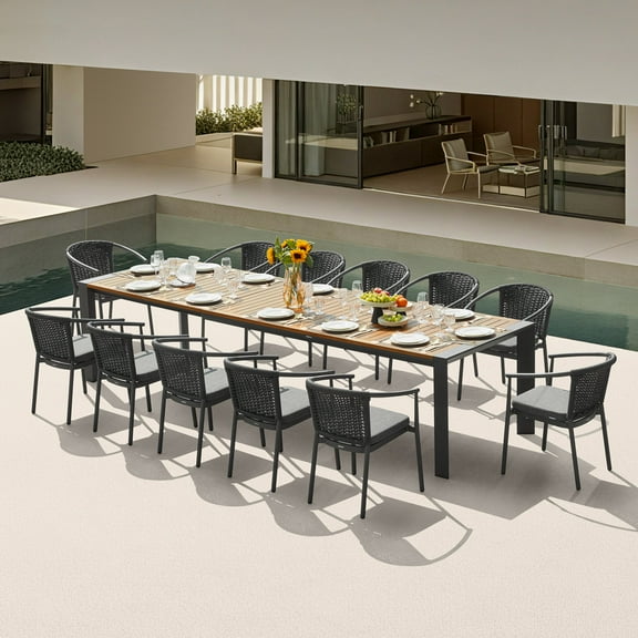 LUMEN 12 Person Teak Outdoor Dining Set With Three Version Extending Mode For 8/10/12 Seating