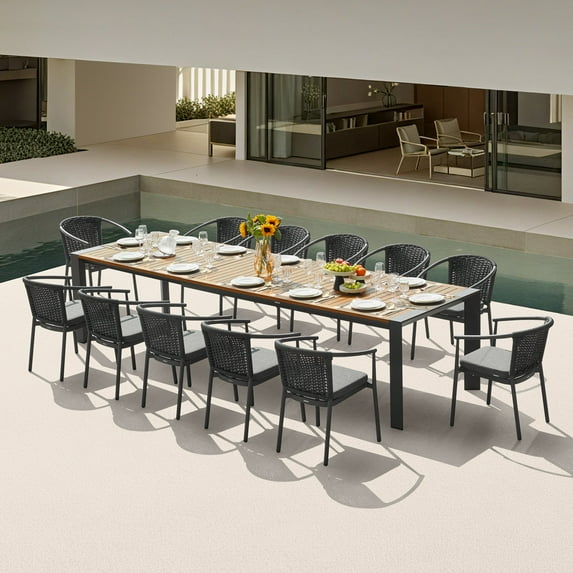 LUMEN 12 Person Teak Outdoor Dining Set With Three Version Extending Mode For 8/10/12 Seating