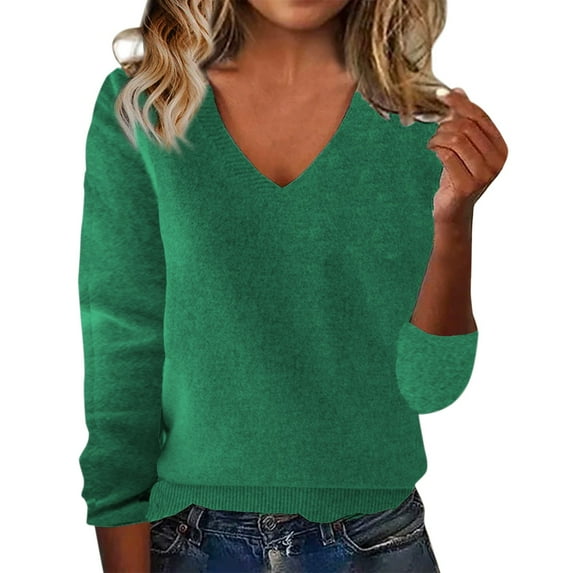 LUMENFH SQ Under $10 Women's Wool Sweater V neck Long Sleeve Pullover Tops Knit Loose Thin Fall Winter Sweater Blouse 2025 Green1