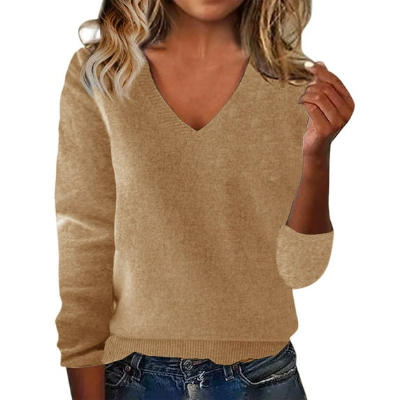 LUMENFH SQ Under $10 Womens Lightweight Basic Sweater Solid Color Knitted Tops Shirt Fall Long Sleeve Semi V Neck Sweater for Women Gold