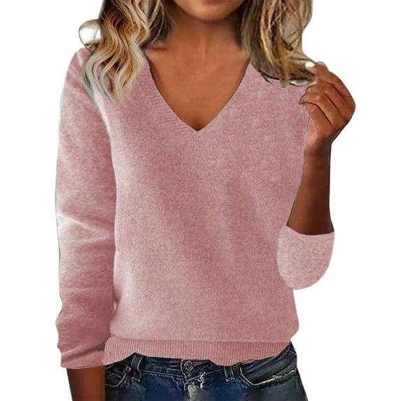 LUMENFH SQ Under $10 Wool Sweater Women Fall Winter Warm Knitted Pullover V neck Long Sleeve Sweater Fall Fashion Outfits 2025 Pink