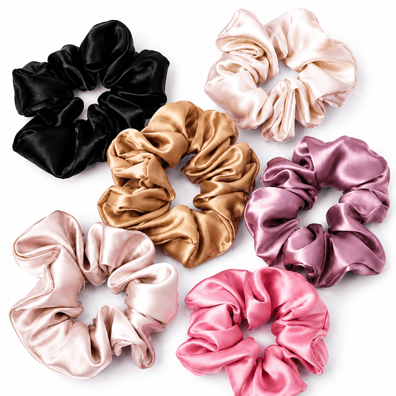 LUMI NA-Plain Satin Silk Scrunchies for Women, Soft Hair Ties, Gentle Elastic Hair Bands for Thick, Curly & Straight Hair, Pack of 6 (Assorted Color)