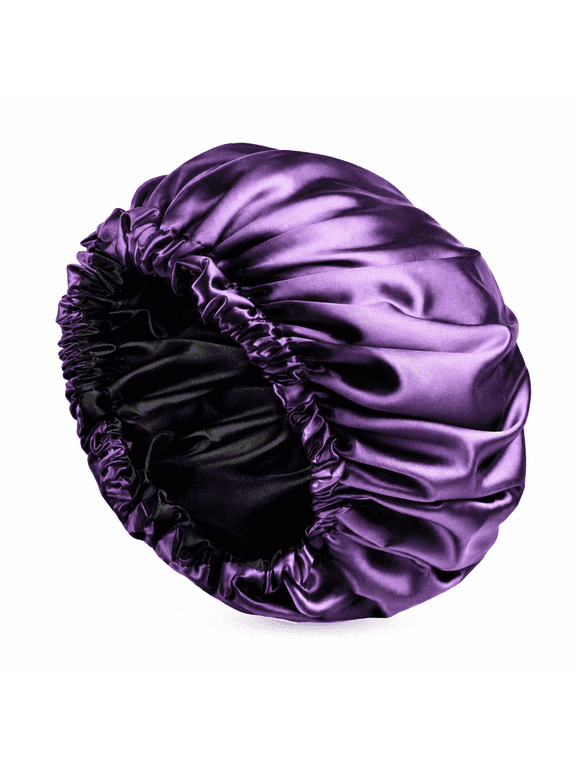 -Premium Satin Sleep Bonnet with Stretch Elastic Band, Double Layer Hair Cap for Overnight Hair Protection, Soft Sleeping Bonnet for Women | Dark Purple