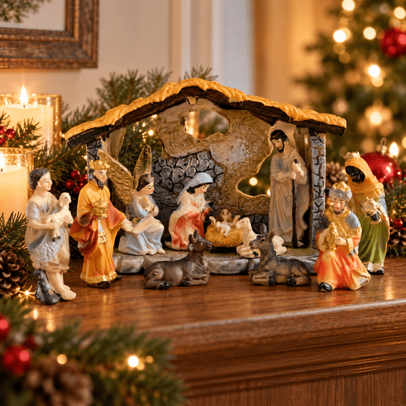 LUMIARTISAN 12-Piece Mini Nativity Set, Resin Christmas Manger Decor