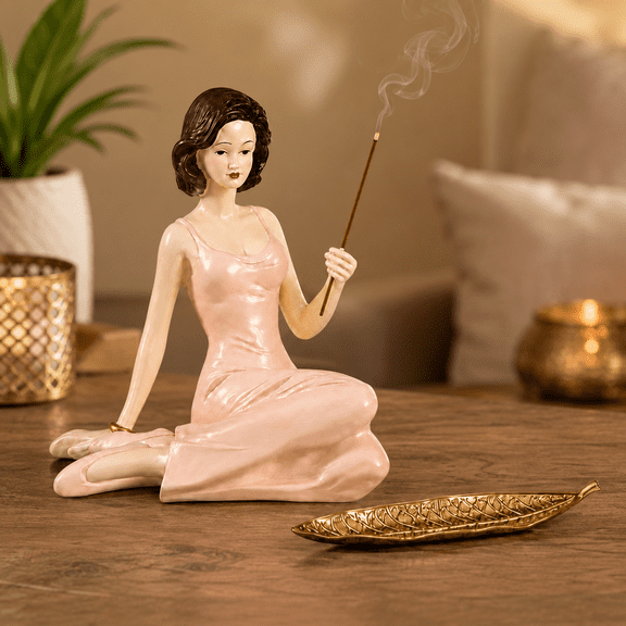 LUMIARTISAN Incense Holder 6.1 inch Woman Figurine Pink with Gold Tray