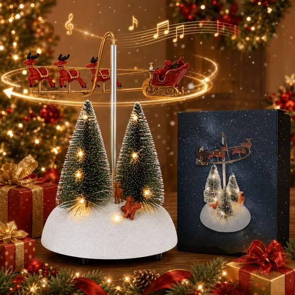 LUMIARTISAN Musical Rotating Reindeer Sleigh 7.28 inch Christmas Decor