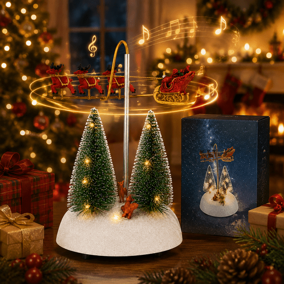 LUMIARTISAN Musical Rotating Reindeer Sleigh 7.28 inch Christmas Decor