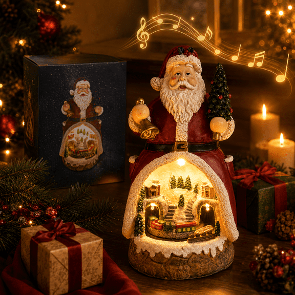 LUMIARTISAN Santa Rotating Train Christmas Figurine 9.25 inch Musical Decor