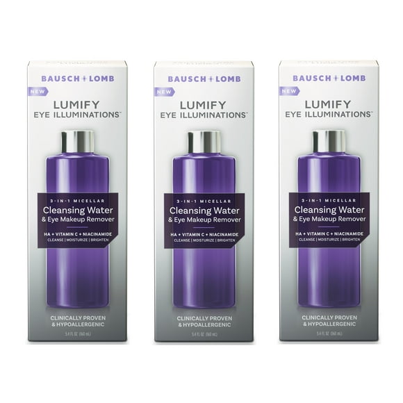 LUMIFY Eye Illuminations Cleansing Water & Eye Makeup Remover, 3-in-1 Micellar Water Contains Hyaluronic Acid, Vitamin C & Niacinamide, Clinically Proven & Hypoallergenic, Contact Lens & Lash- 3 Pack