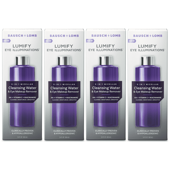 LUMIFY Eye Illuminations Cleansing Water & Eye Makeup Remover, 3-in-1 Micellar Water Contains Hyaluronic Acid, Vitamin C & Niacinamide, Clinically Proven & Hypoallergenic, Contact Lens & Las - 4 Pack