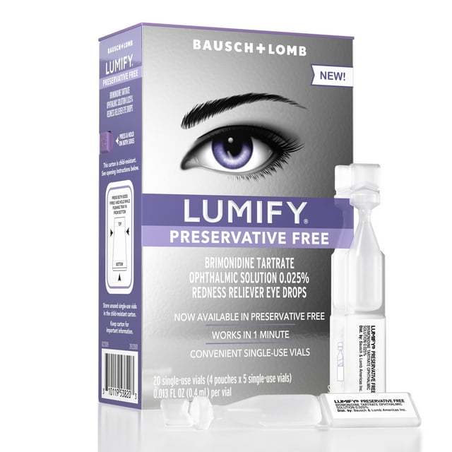 LUMIFY Preservative Free Redness Reliever Eye Drops, For Whiter and Brighter Looking Eyes, 20 Single Use Vials