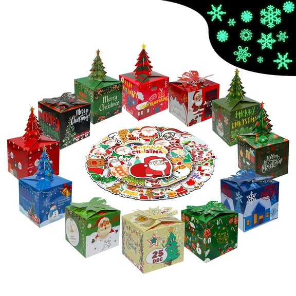 LUMIGRAIN Christmas Goody Gift Boxes, Xmas Candy Treat Boxes, Holiday Candy Treats, Party Favor Packaging Supplies - with Stickers & Glow in The Dark Snowflakes, Multiple quantity options (12-pack)