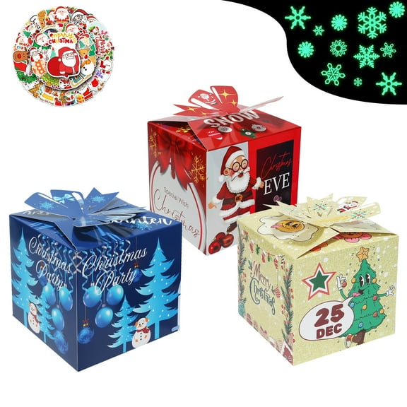 LUMIGRAIN Christmas Goody Gift Boxes, Xmas Candy Treat Boxes, Holiday Candy Treats, Party Favor Packaging Supplies - with Stickers & Glow in The Dark Snowflakes, Multiple quantity options (3-pack)