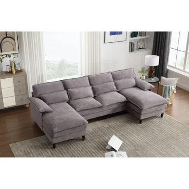 Gelloan 110.63" U Shaped Couch, 4 Seat Sectional with 4 Throw Pillows, High Dense Memory Foam with Double Chaise Lounge &Living Room Couch,Grey