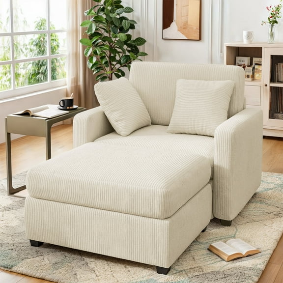 Gelloan Chaise Lounge Chair Indoor, 42" Sleeper Chair with 2 Throw Pillows and Armrests, Chaise Couch Chair for Living Room, Bedroom, Apartment,Beige,Corduroy