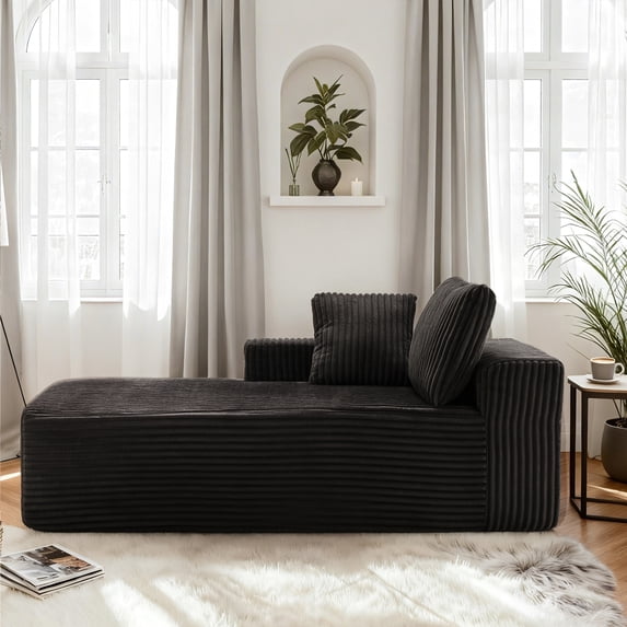 LUMIHO Chaise Lounge with Left Armrest, Comfy Corduroy Upholstered Sofa Bed Chair, No Assembly Required Modern Upholstered Lounge Chair for Bedroom, Living Room and Office,Black