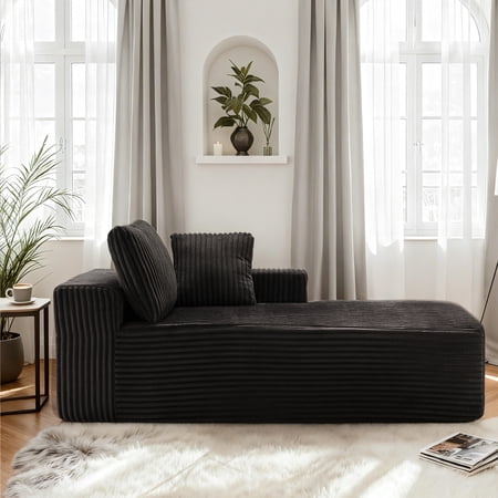 LUMIHO Chaise Lounge with Right Armrest, Comfy Corduroy Upholstered Sofa Bed Chair, No Assembly Required Modern Upholstered Lounge Chair for Bedroom, Living Room and Office,Black