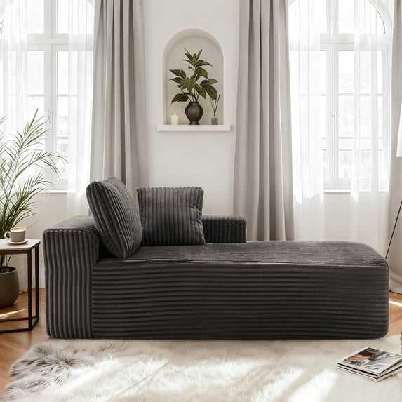 LUMIHO Chaise Lounge with Right Armrest, Comfy Corduroy Upholstered Sofa Bed Chair, No Assembly Required Modern Upholstered Lounge Chair for Bedroom, Living Room and Office,Gray